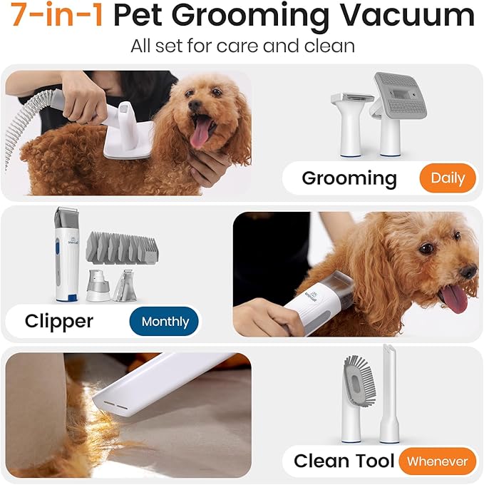 oneisall Dog Grooming Vacuum – Pet Grooming Kit with Clipper, Nail Grinder, 1.5L Dust Cup, and 7 Tools for Shedding Hair and Home Cleaning.
