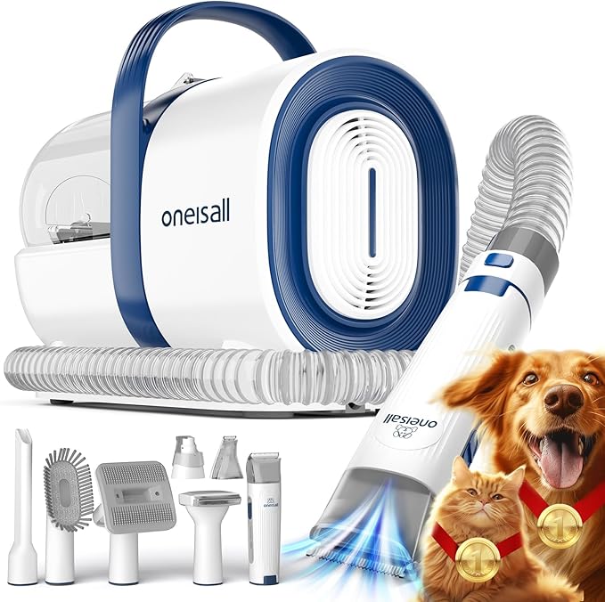 oneisall Dog Grooming Vacuum – Pet Grooming Kit with Clipper, Nail Grinder, 1.5L Dust Cup, and 7 Tools for Shedding Hair and Home Cleaning.